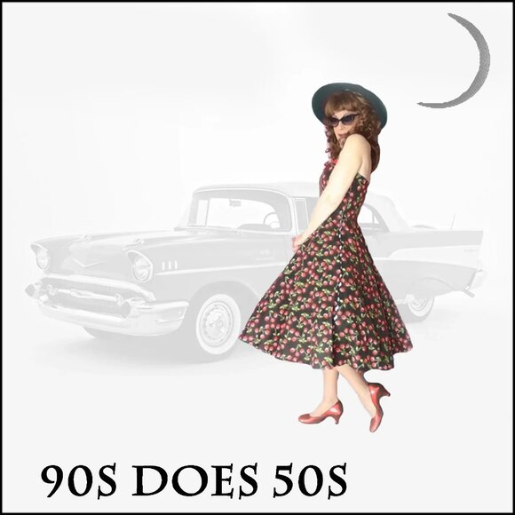 50s STYLE Sun Dress Black Cherry Print PinUp  Fit Flare Halter is 90s Vintage - Picture 4 of 12